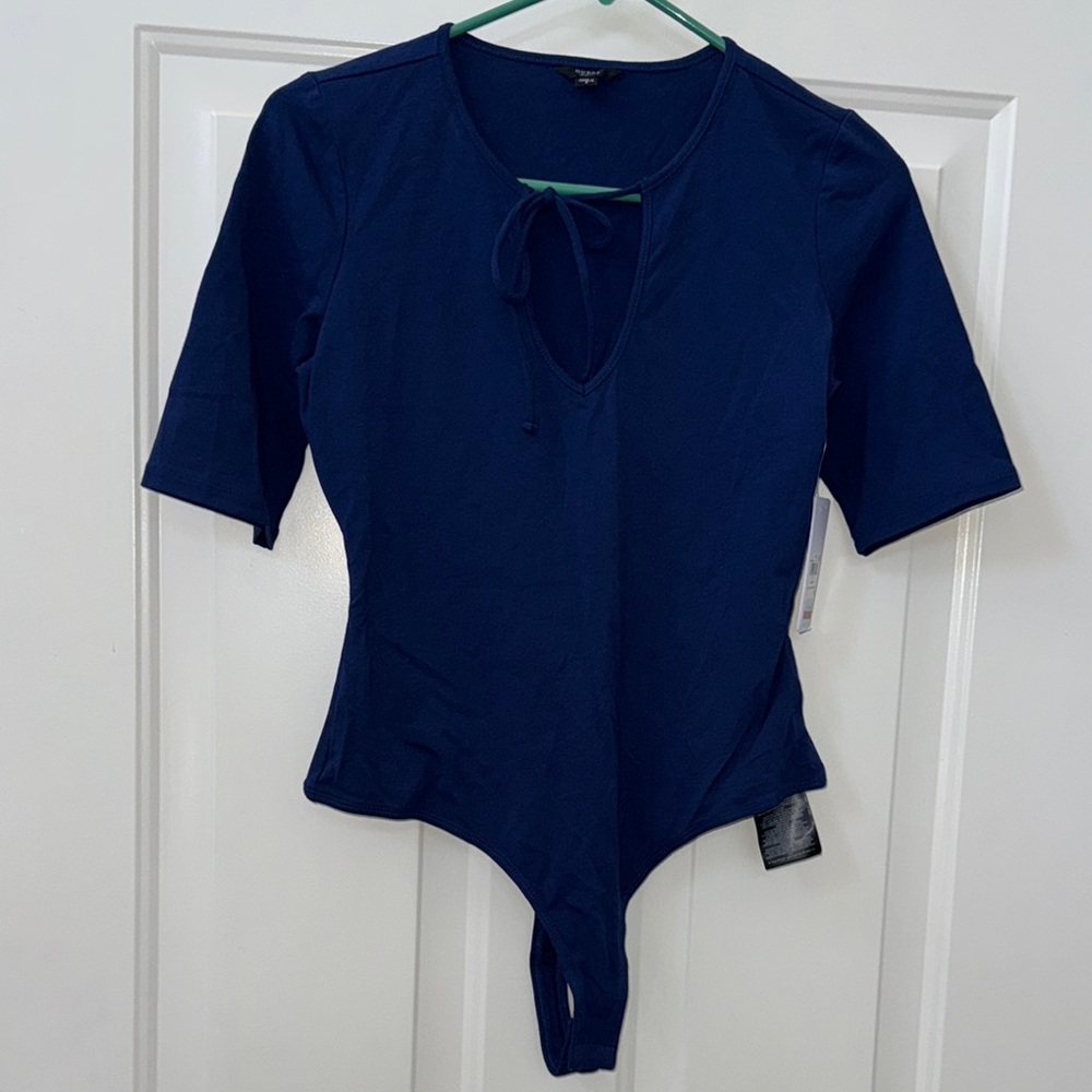 Guess Blue Tie Front Fitted Bodysuit with Cap Sleeves - Picture 1 of 6